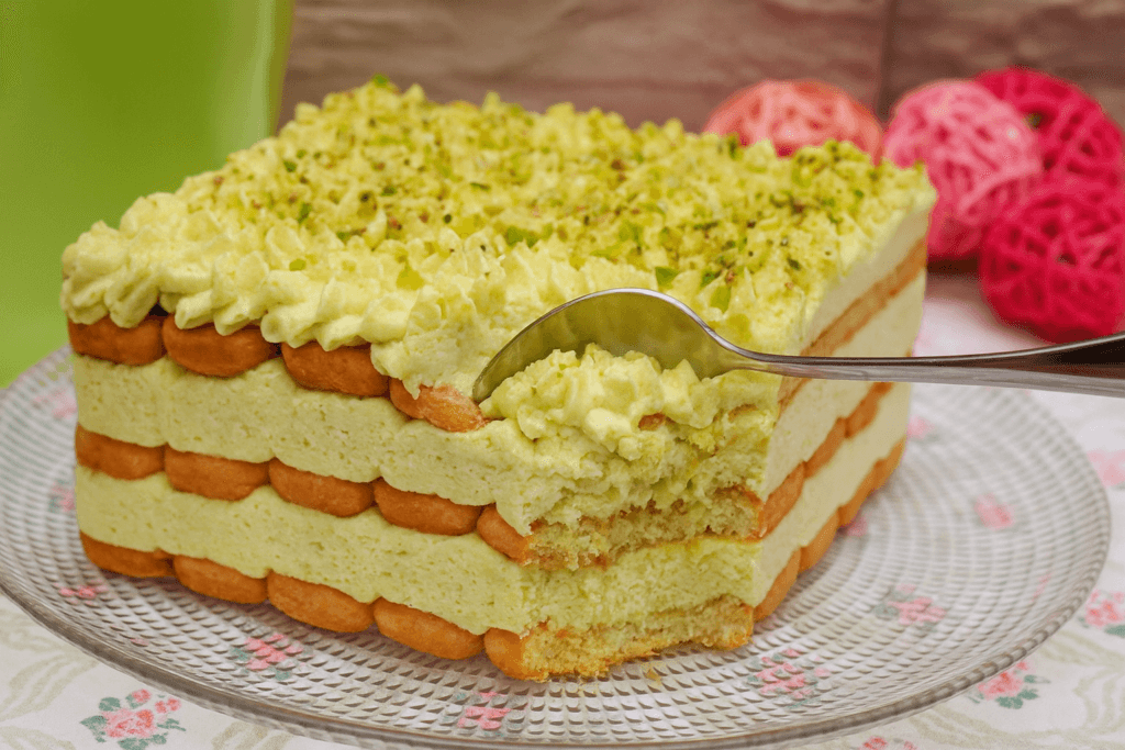 Il Tiramisù al pistacchio senza uova e mascarpone: gustoso, veloce e ha solo 160 calorie!