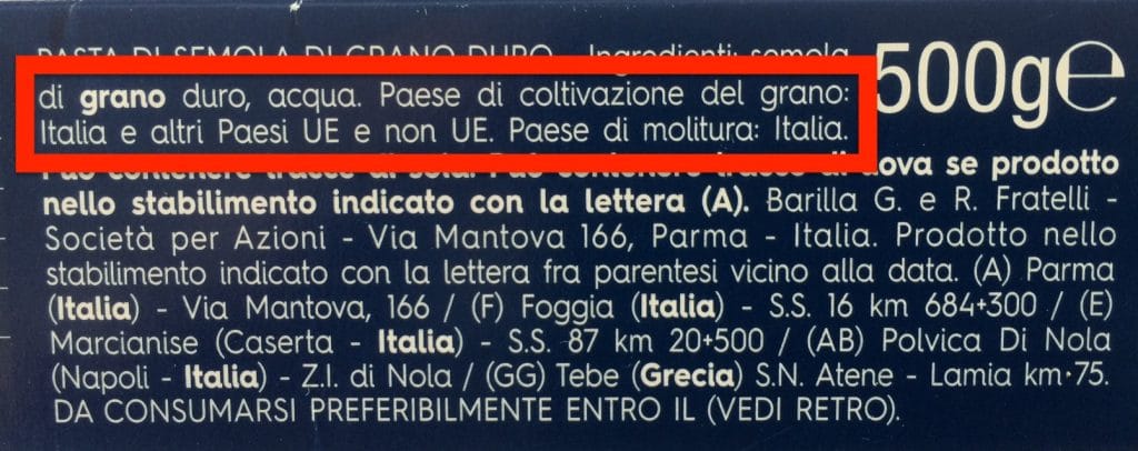 Origine del grano in etichetta