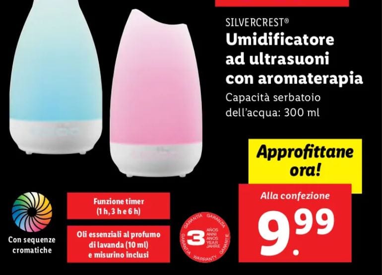 Umidificatore ad ultrasuoni con aromaterapia lidl