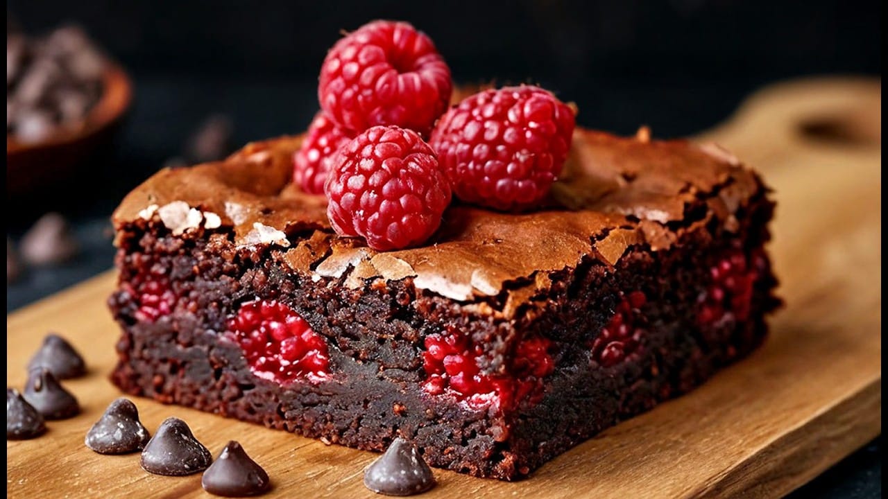 Brownie al cioccolato, banana e lamponi