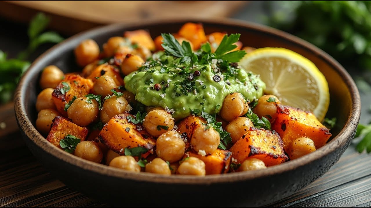 Patate e ceci con salsa di avocado