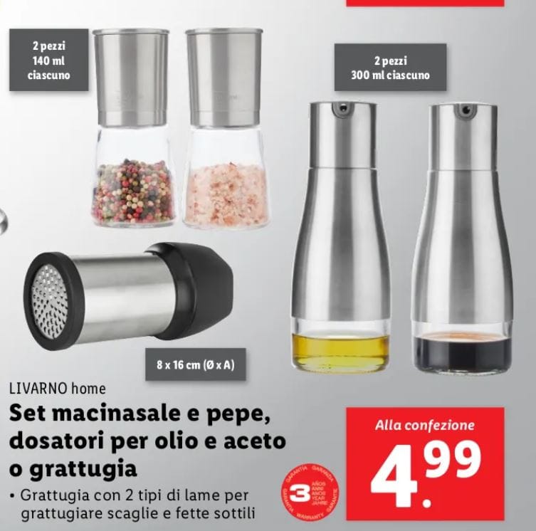 set macinasale e pepe, dosatori per olio e aceto o grattugia della Livarno home Lidl