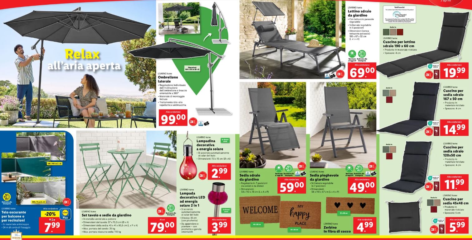 Ombrelloni, tavolo e sedie, lettini e sdraio da giardino lidl