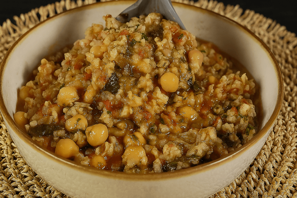 Altro che insalata di riso! Una ricetta semplice e furba per usare i ceci in modo diverso: con riso integrale e spinaci diventa un piatto unico perfetto