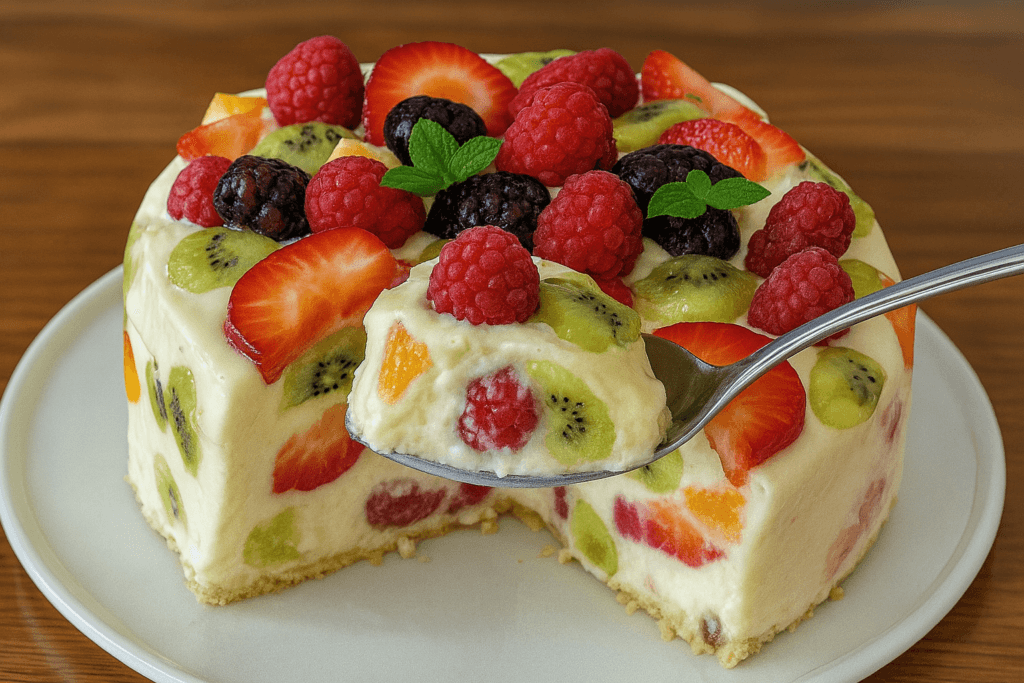 Mentre tutti volevano il gelato, io ho fatto questa torta cremosa con la frutta: è senza zucchero ma sazia e rinfresca meglio di una coppa. Solo 145 Kcal!