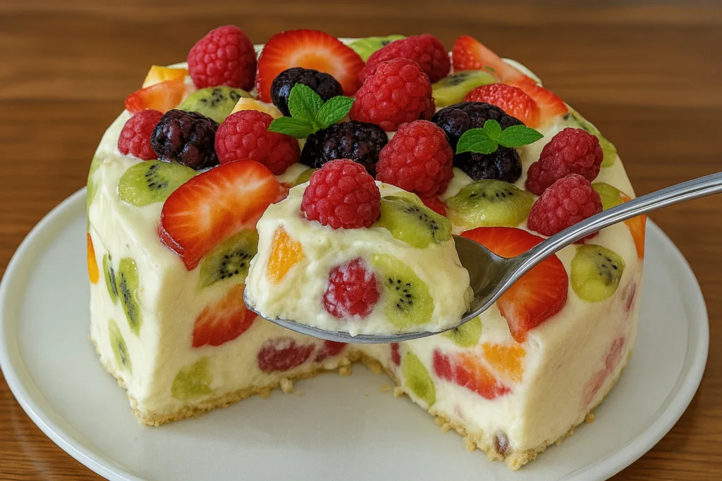 Mentre tutti volevano il gelato, io ho fatto questa torta cremosa con la frutta: è senza zucchero ma sazia e rinfresca meglio di una coppa. Solo 145 Kcal!