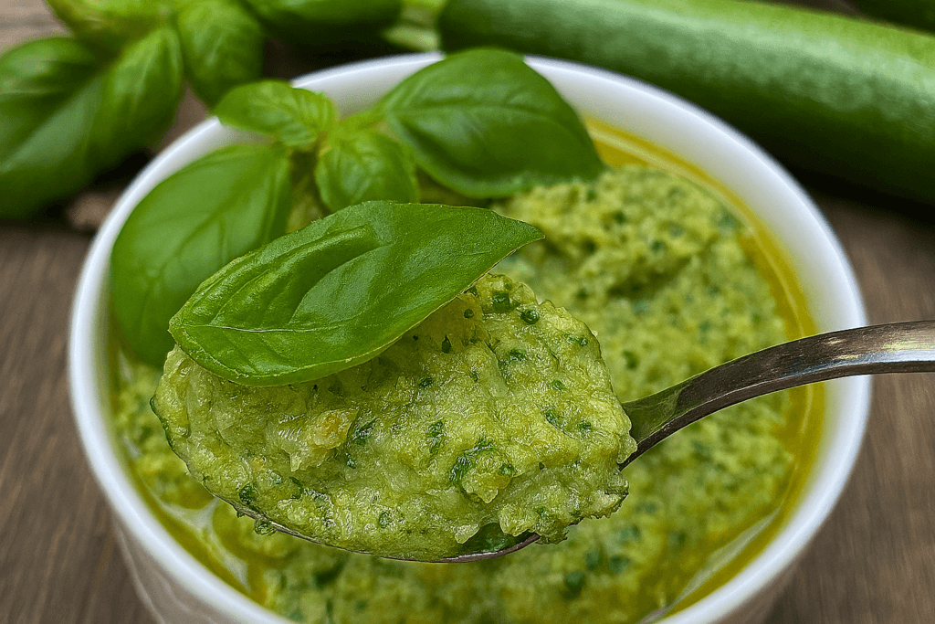 Non avevo tanto basilico, così ho fatto il pesto di zucchine: è diventato il mio preferito, ora lo conservo anche in freezer. Solo 170 Kcal!