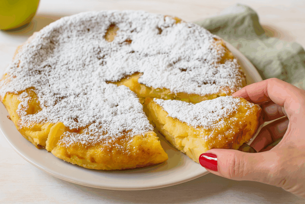 Mio figlio aveva voglia di dolce, ma non volevo accendere il forno, così… ho fatto questa frittata di pere dolce al volo in padella (e ho fatto proprio bene)!