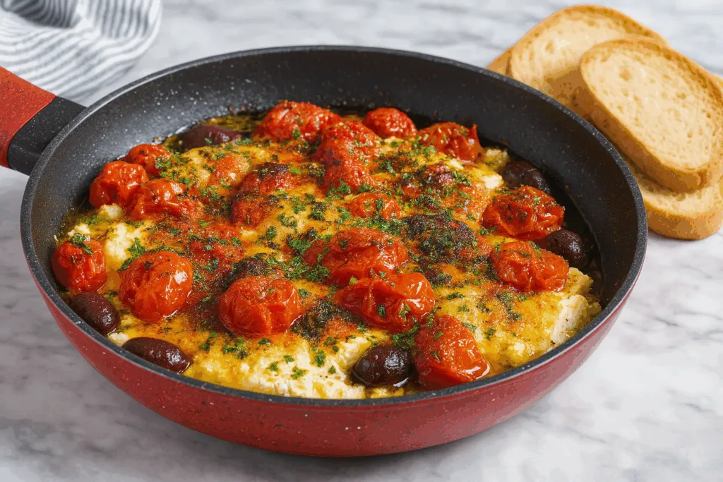 One pan, 5 minutes and dinner is ready: baked feta with cherry tomatoes, with this recipe it almost feels like being in Greece