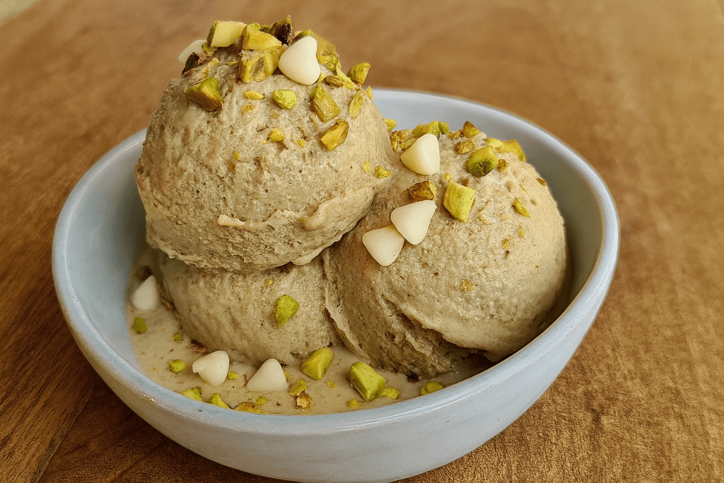 Solo 5 minuti e 4 ingredienti: la crema gelato al pistacchio proteica che tengo sempre in freezer. Solo 160 Kcal!