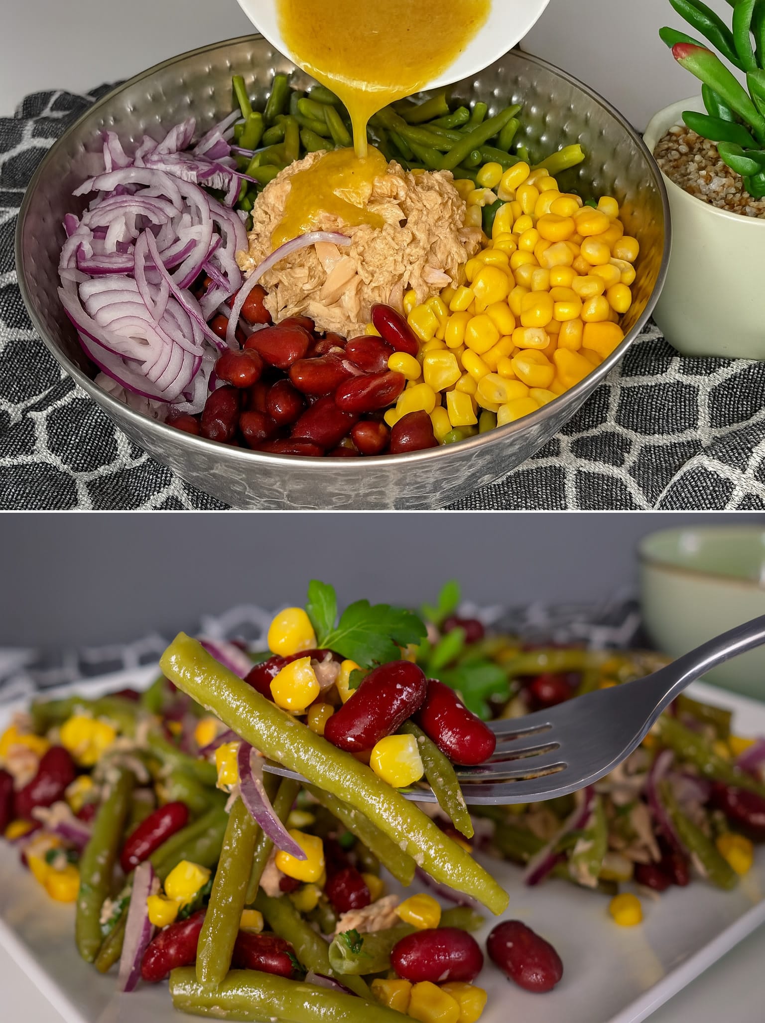 Insalata di fagiolini, fagioli, tonno e mais