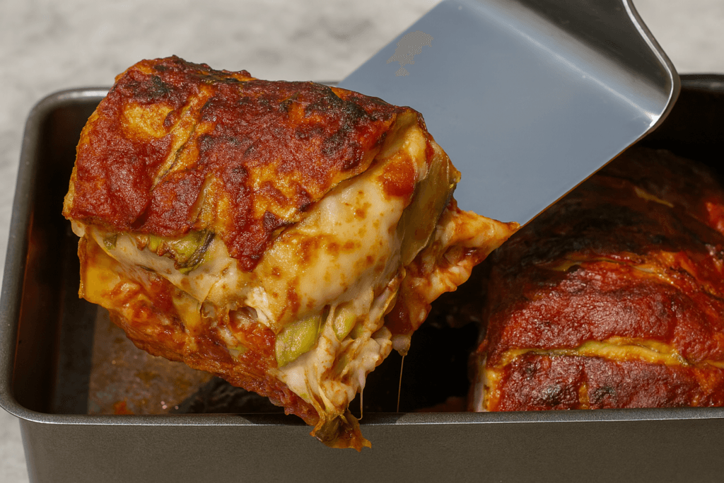 Non avevo voglia di impastare: con 3 zucchine e un po’ di pomodoro ho fatto una lasagna leggera e filante. Solo 70 Kcal!