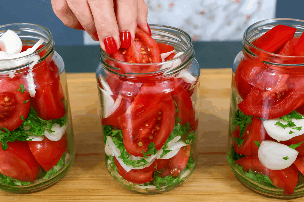 Pensavo fosse complicatissimo… invece con questa insalata di pomodori in barattolo ho fatto scorta per tutto l’inverno: in 35 minuti ti prepari una dispensa!