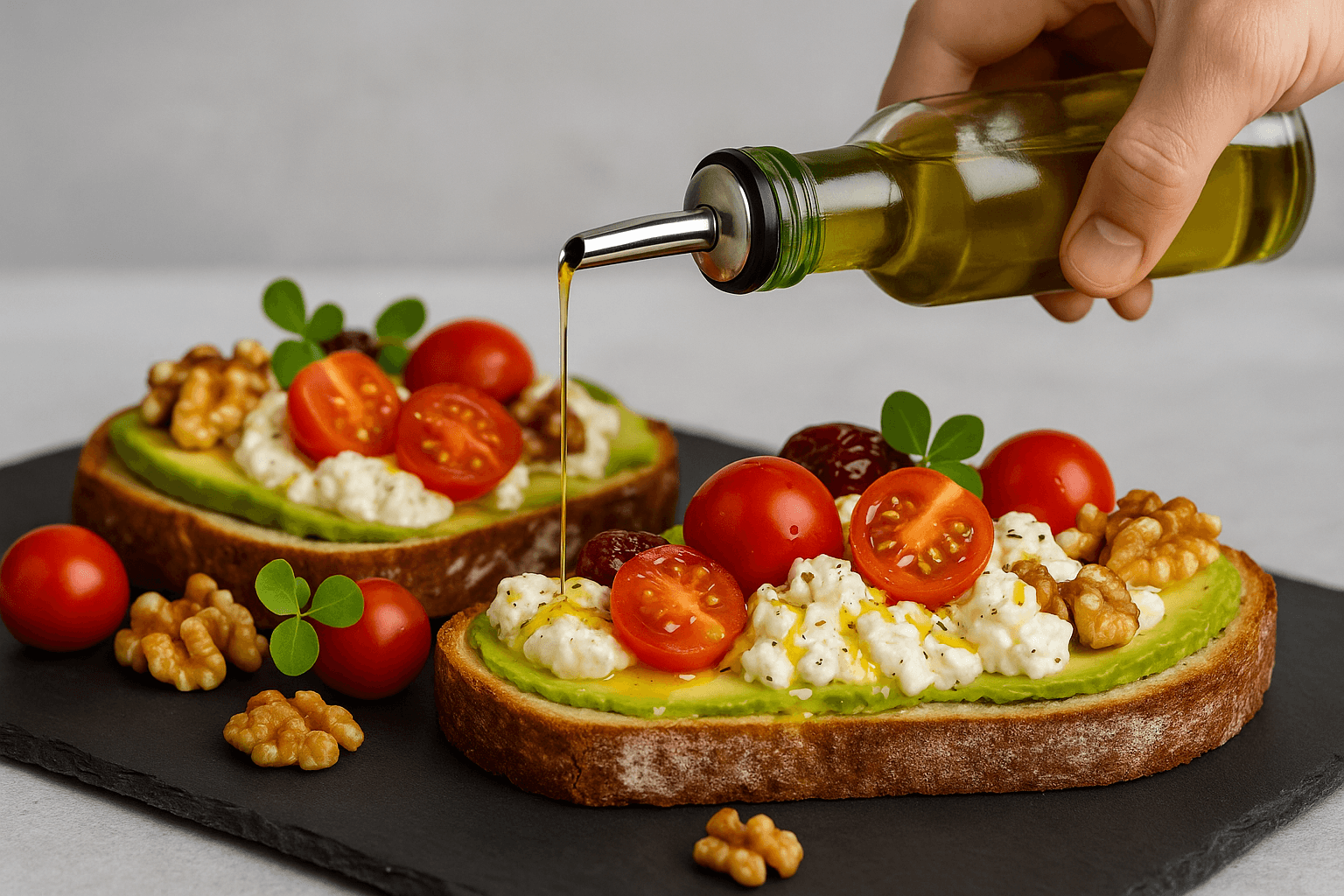 Toast con pomodorini, avocado, noci e mirtilli