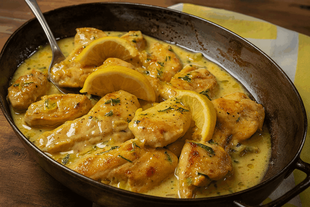 Mi ero stufata del solito pollo alla piastra così l’ho fatto al limone, ma senza mettere la panna: è venuto saporitissimo e tenero!