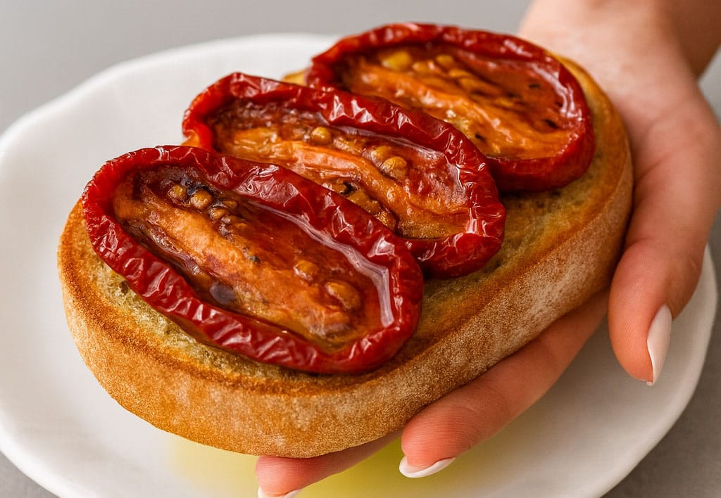 Avevo una marea di pomodori del mio orto così ci ho fatto questa conserva furba di pomodori secchi sott’olio, li conservo anche per l’inverno!