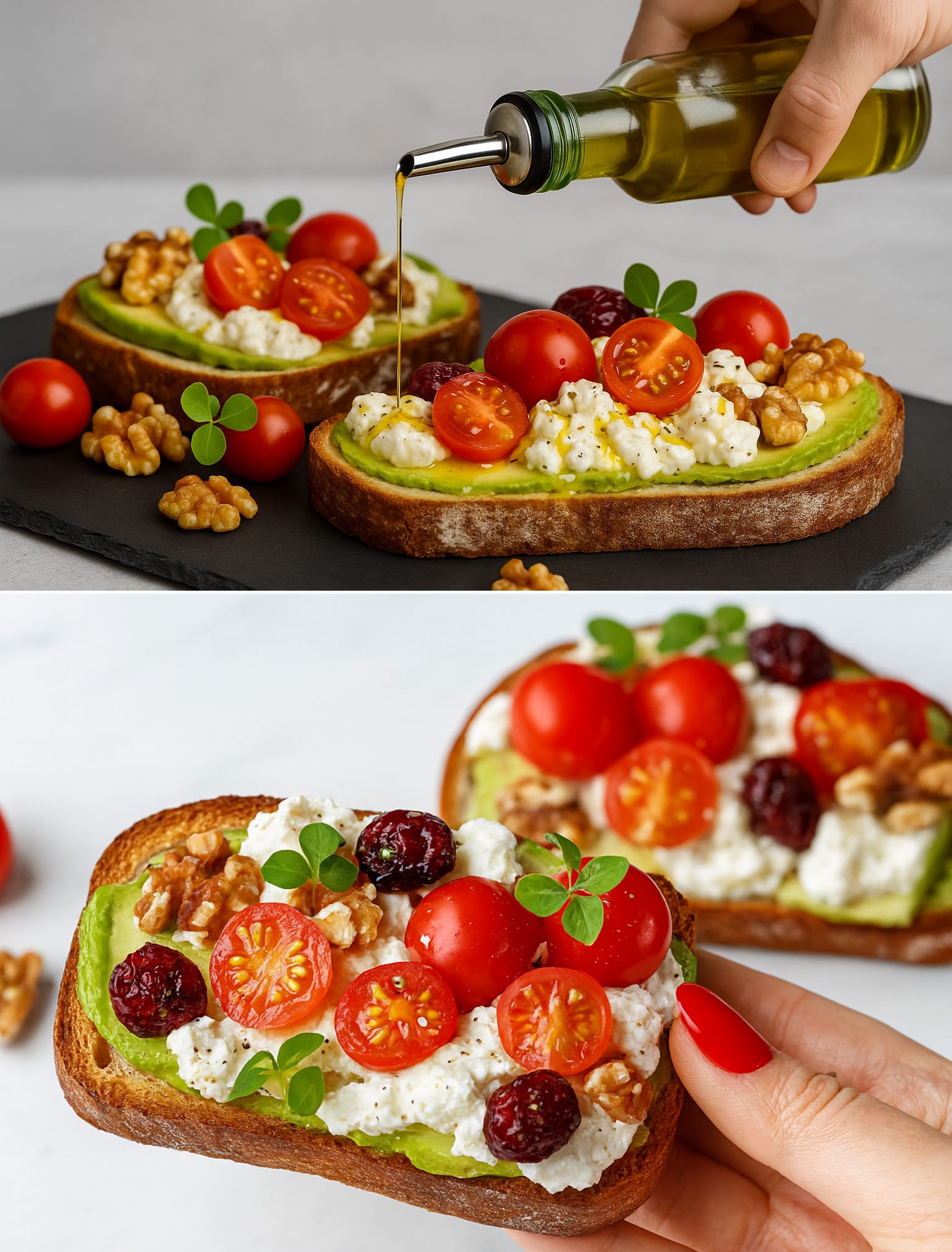 Toast con pomodorini, avocado, noci e mirtilli