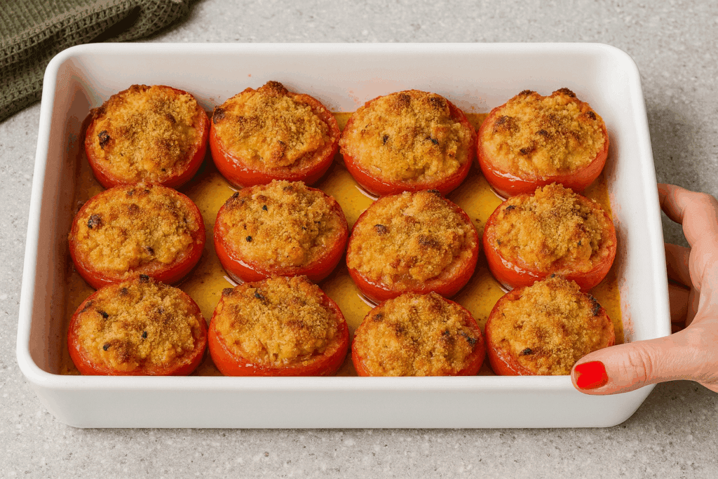 Un’idea furba per usare il pane raffermo: questi pomodori ripieni alla greca, non credevo che potessero essere così buoni e saporiti (con solo 180 kcal)