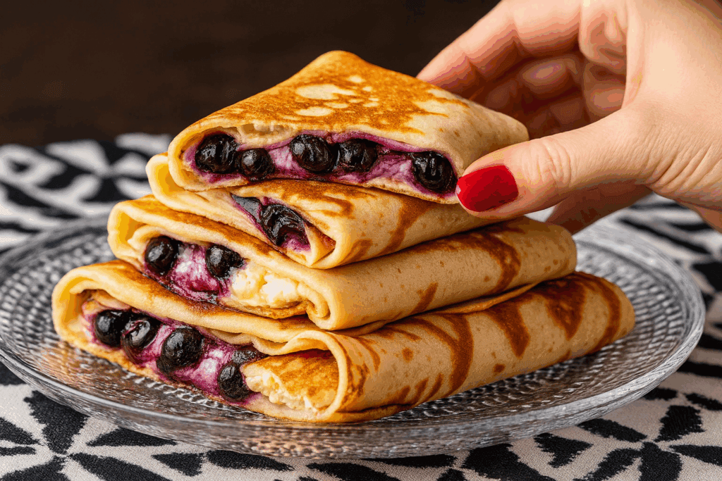 Colazione sana ma super golosa: pancake di avena ripieni di ricotta e mirtilli, soffici e ricchi di fibre e proteine. Poche calorie ma tanta bontà!