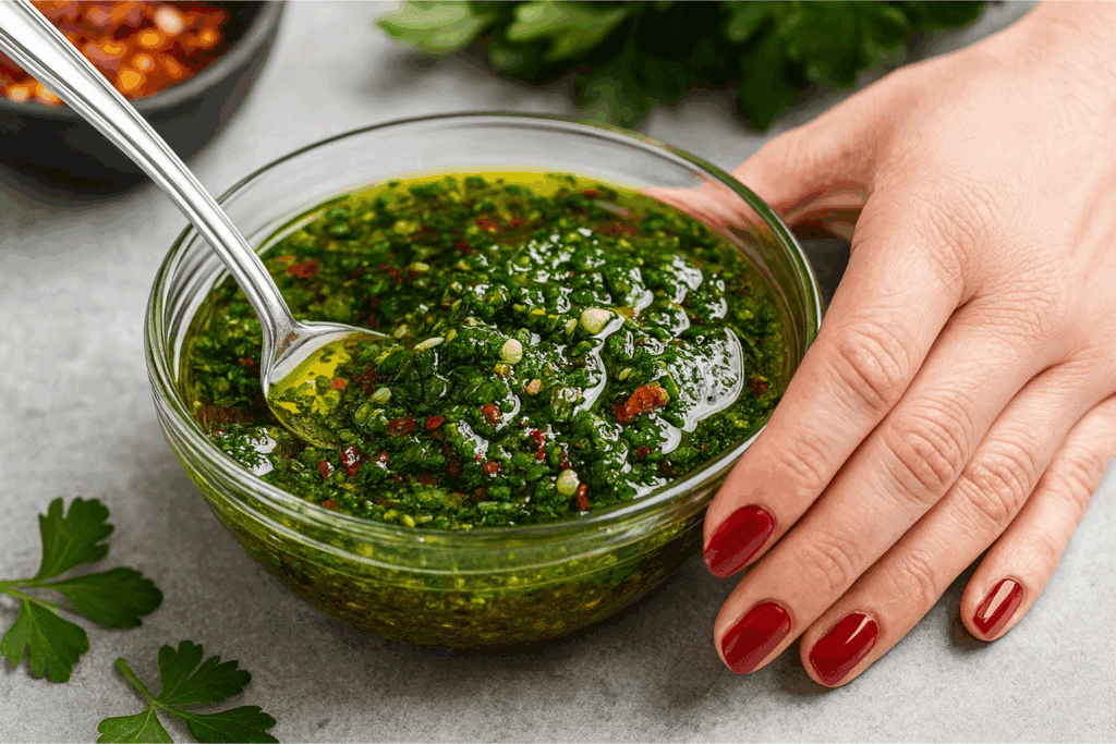 Questa salsa chimichurri argentina mi è entrata nel cuore: si fa in 10 minuti, perfetta per insaporire carne, bruschette e verdure alla griglia