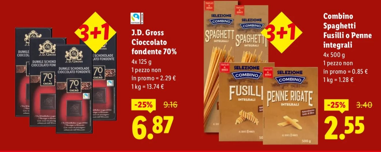 Pasta combino e cioccolato fondente offerta lidl 3+1