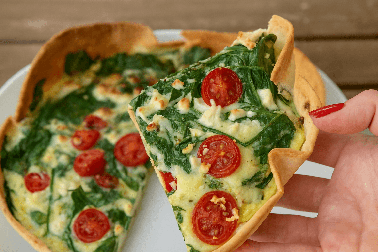 Quiché con piadina, spinaci, feta e pomodorini