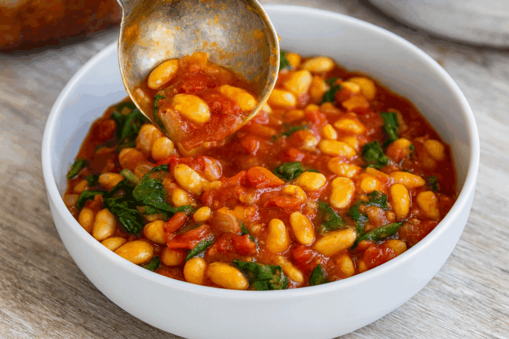 Un piatto povero ma ricchissimo di sapore: fagioli stufati con spinaci e pomodoro, come li faceva la nonna (fanno bene al cuore e alla linea)