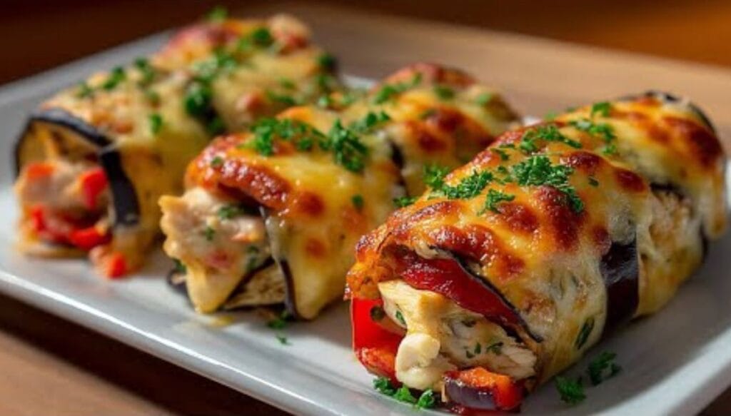 Il trucco per involtini di melanzane perfetti: ripieni di pollo e peperoni, filanti dentro e dorati fuori (senza FRIGGERE niente)!