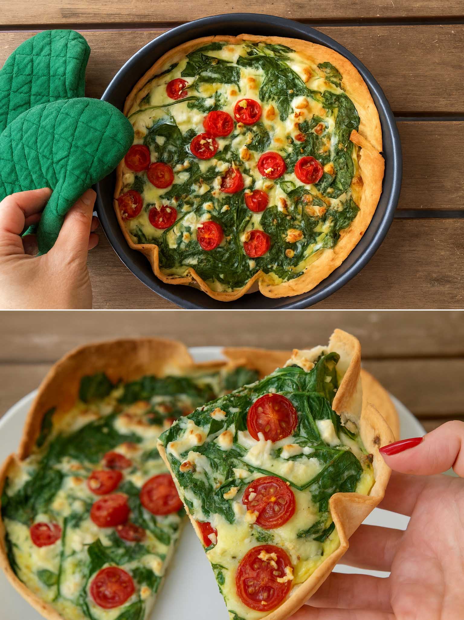 Quiché con piadina, spinaci, feta e pomodorini