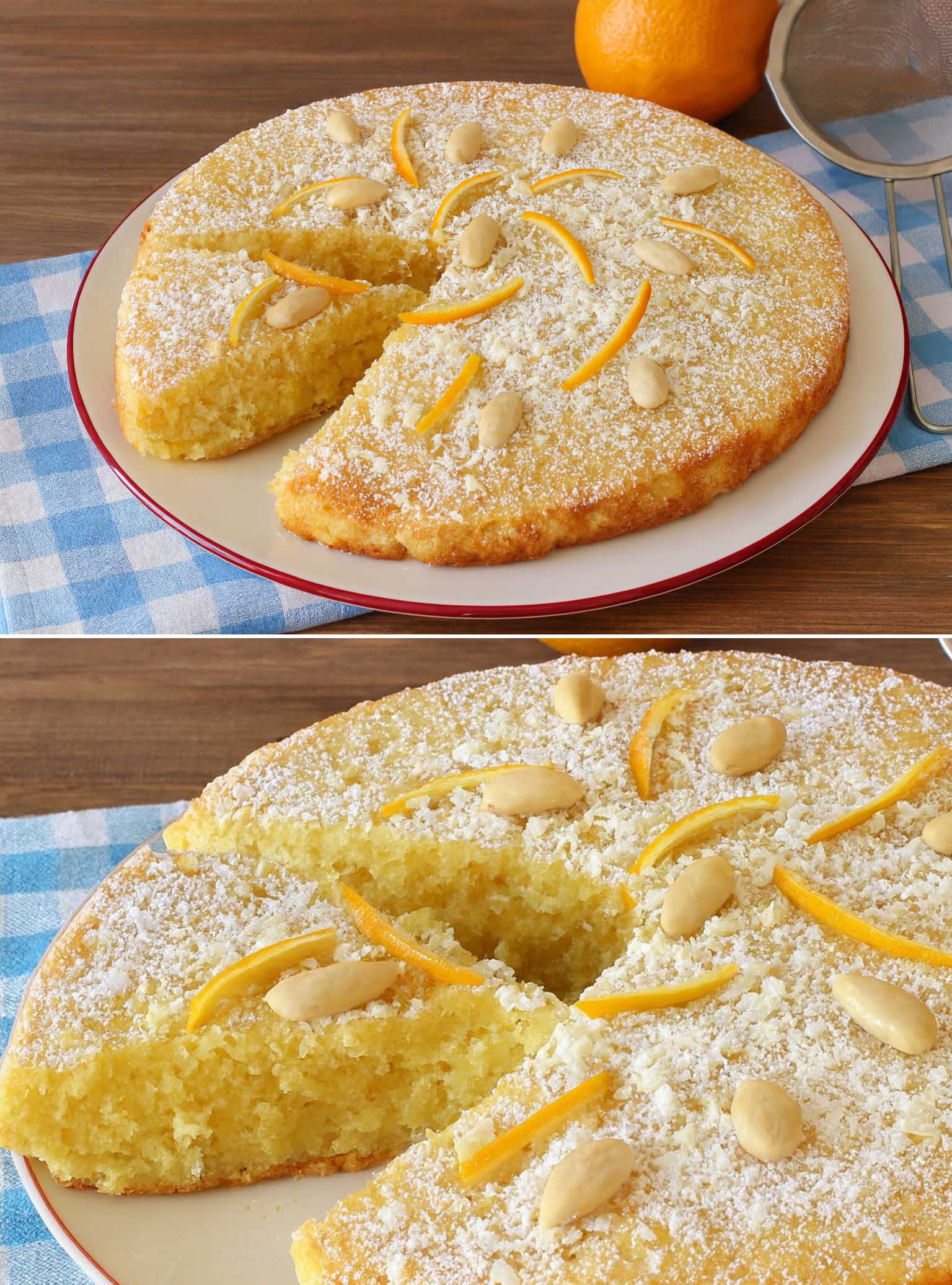 Torta all'arancia, mandorle e cioccolato bianco