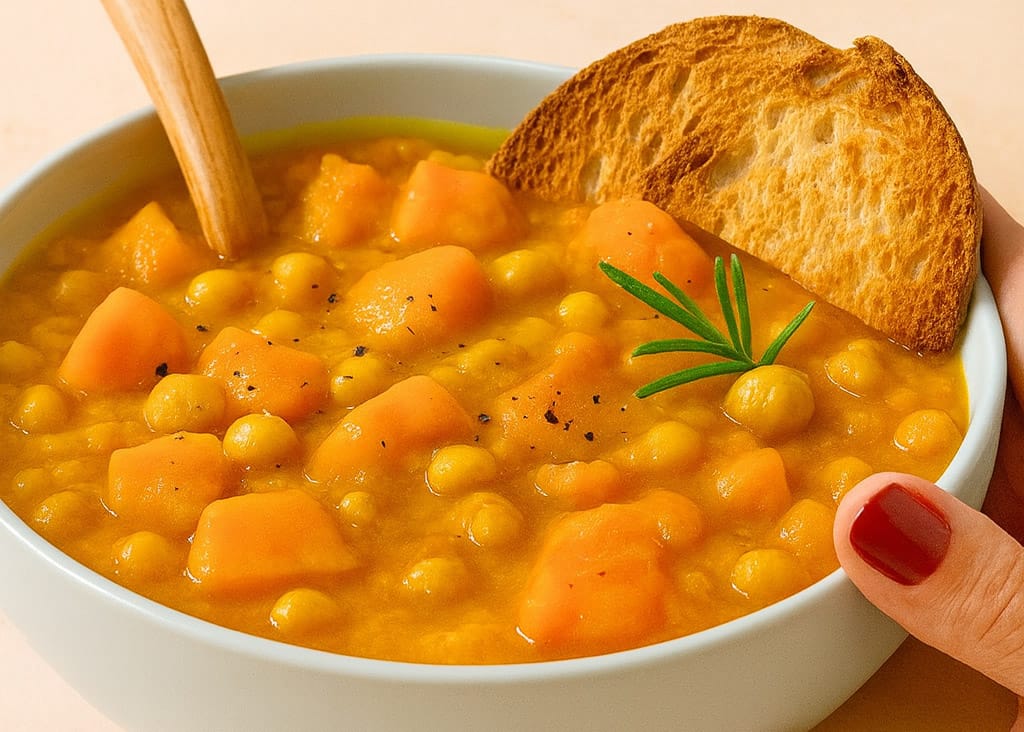 La ricetta “povera” che mi salva ogni volta: zuppa di ceci e zucca, pronta in poco tempo e che fa bene al cuore e alla pancia!