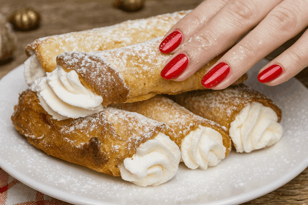 A Capodanno porto sempre questi: cannoli fatti con il pandoro, ripieni di crema e così buoni che finiscono prima del brindisi.