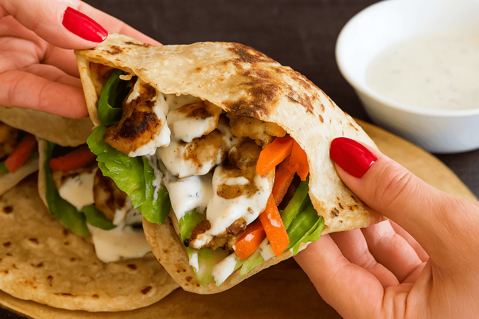 Pane palloncino con pollo, verdure e salsa allo yogurt — un salva pranzo leggero e irresistibile