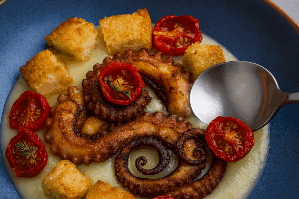 Il primo “da ristorante” che preparo a casa il giorno di Natale: polpo su crema di patate e pomodorini, facilissimo da fare e farai un figurone!