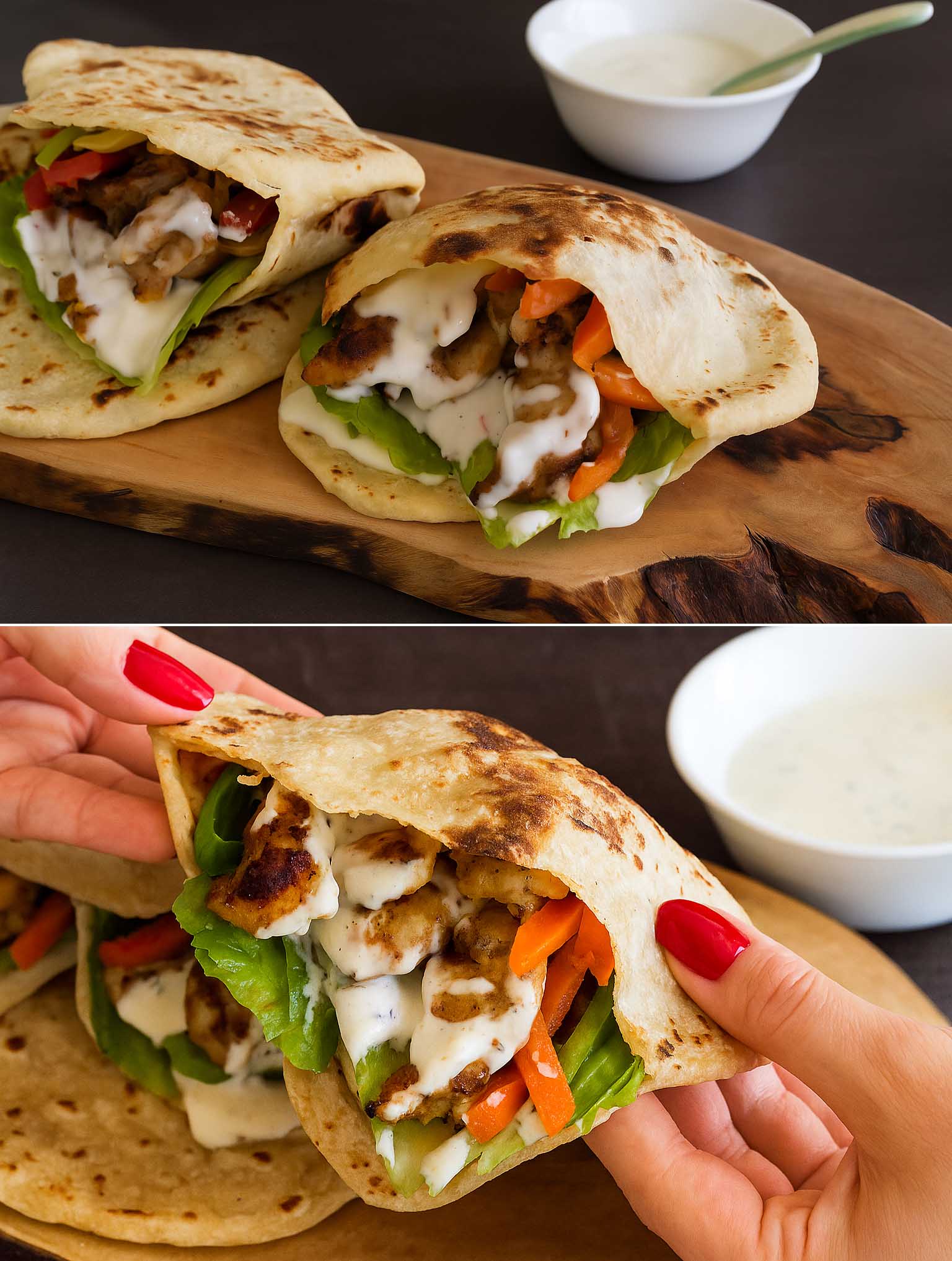 Pane palloncino con pollo, verdure e salsa allo yogurt