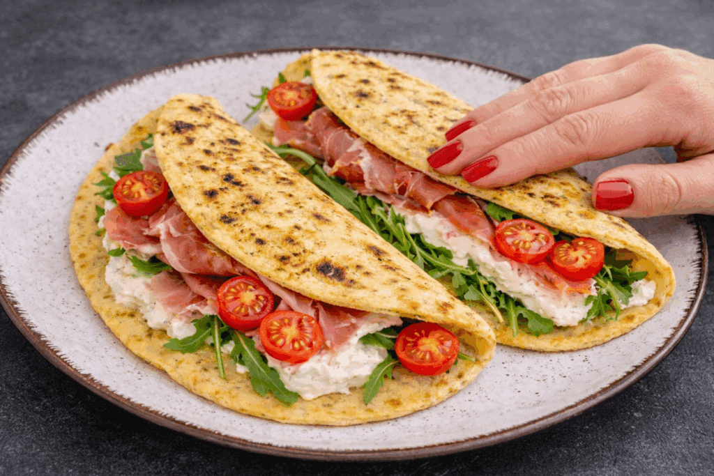 Avevo solo farina di ceci in dispensa e zero voglia di impastare, alla fine è uscita questa piadina buonissima per cena: saziante e la farcisci come vuoi!