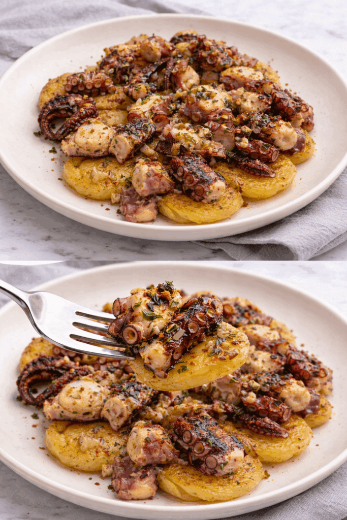 Ho cucinato il polpo in modo diverso dal solito stavolta e queste patate schiacciate croccanti hanno fatto una grande differenza, tutto buono e saporito!