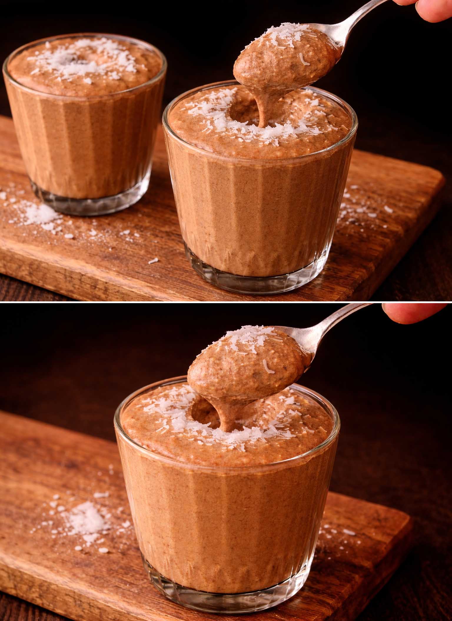 Dessert al latte di mandorle, cacao e chia