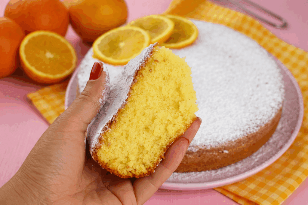 Torta all’arancia fatta con succo fresco, senza burro e con meno zuccheri: soffice, leggera e con sole 190 calorie a porzione