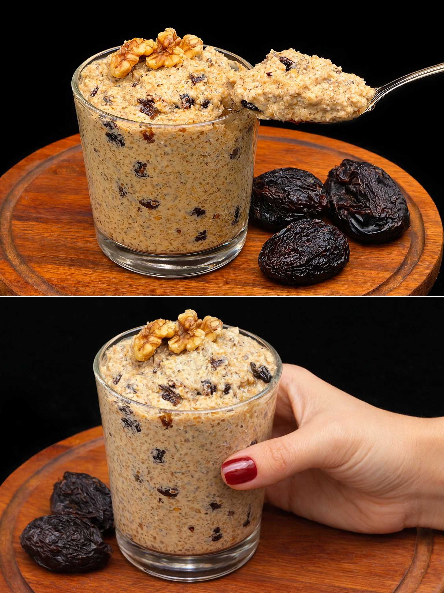 Dessert di avena, banana e prugna