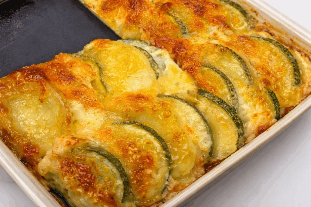 Zucchine, patate e scamorza in fila e riempio una teglia intera: viene filante, gratinato e davvero troppo buono con solo 300 Kcal!