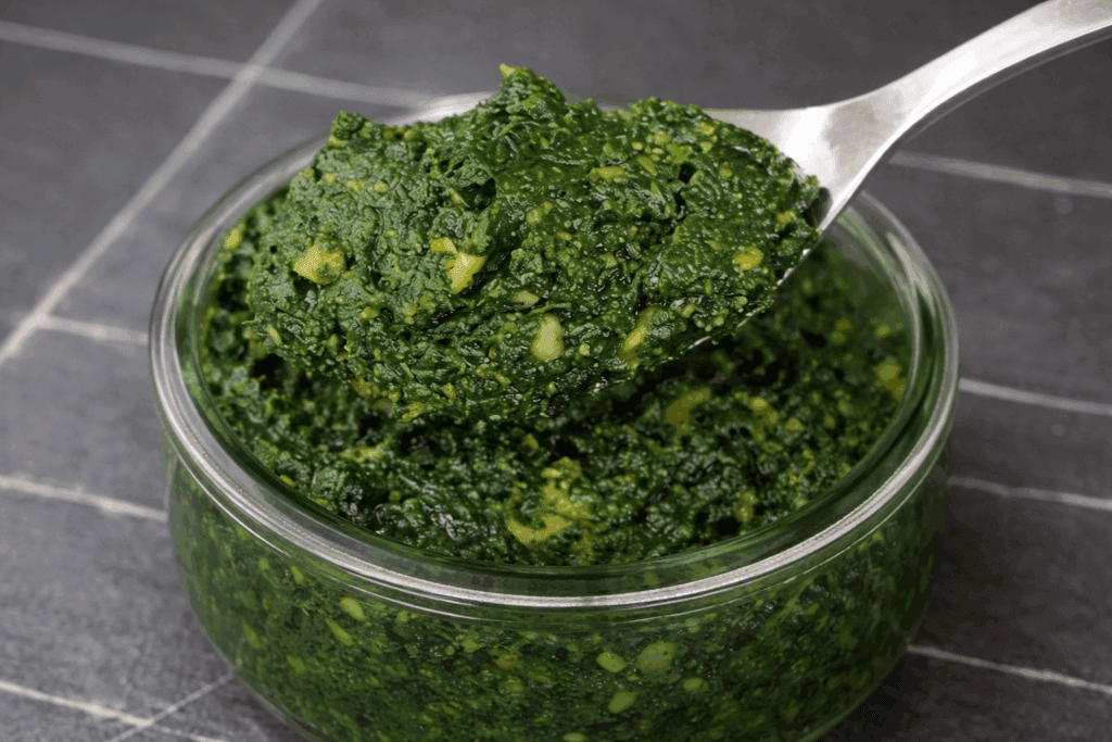 Mia suocera mi ha portato un bel po’ di cavolo nero dall’orto, così ci ho fatto questo pesto rustico e ci ho condito la pasta