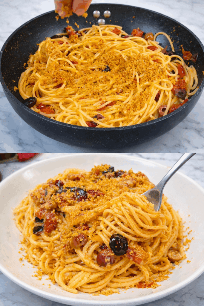 Li chiamo spaghetti di magro perché si preparano in Quaresima, ma sono una delle paste più saporite che ci siano: con pangrattato, olive e pomodori secchi sono irresistibili!