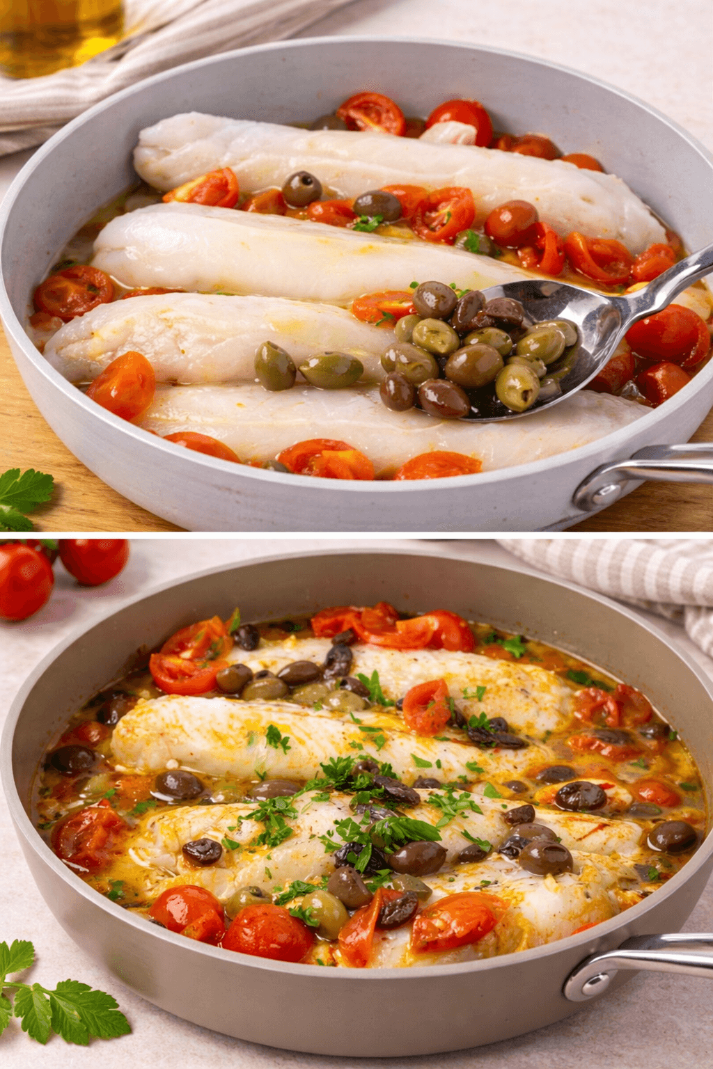 Merluzzo in padella con pomodorini e olive