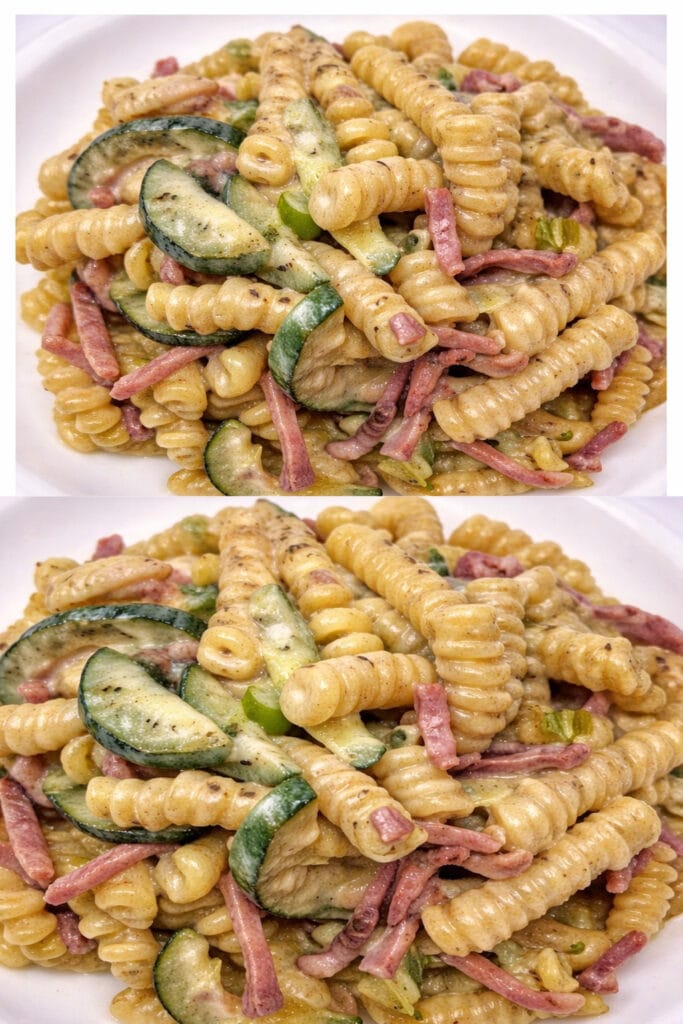 Quando non so che primo fare ma voglio andare sul sicuro, preparo questi fusilli con zucchine, speck e formaggio: non è rimasto niente in padella!