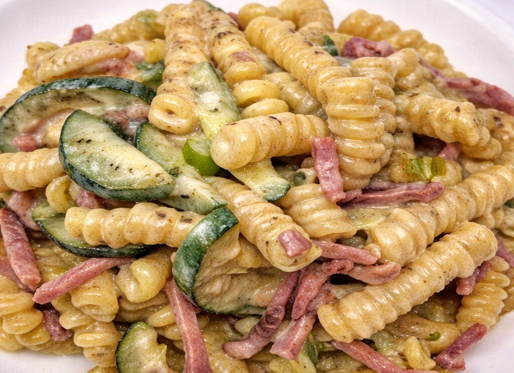 Pasta zucchine, speck e formaggio