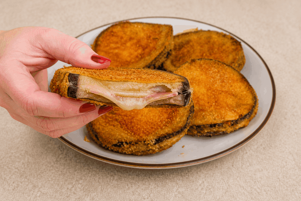 Ho messo prosciutto e formaggio tra due fette di melanzana ed è uscita una cena pazzesca: questi cordon bleu di melanzane sono croccanti fuori, morbidi dentro!!