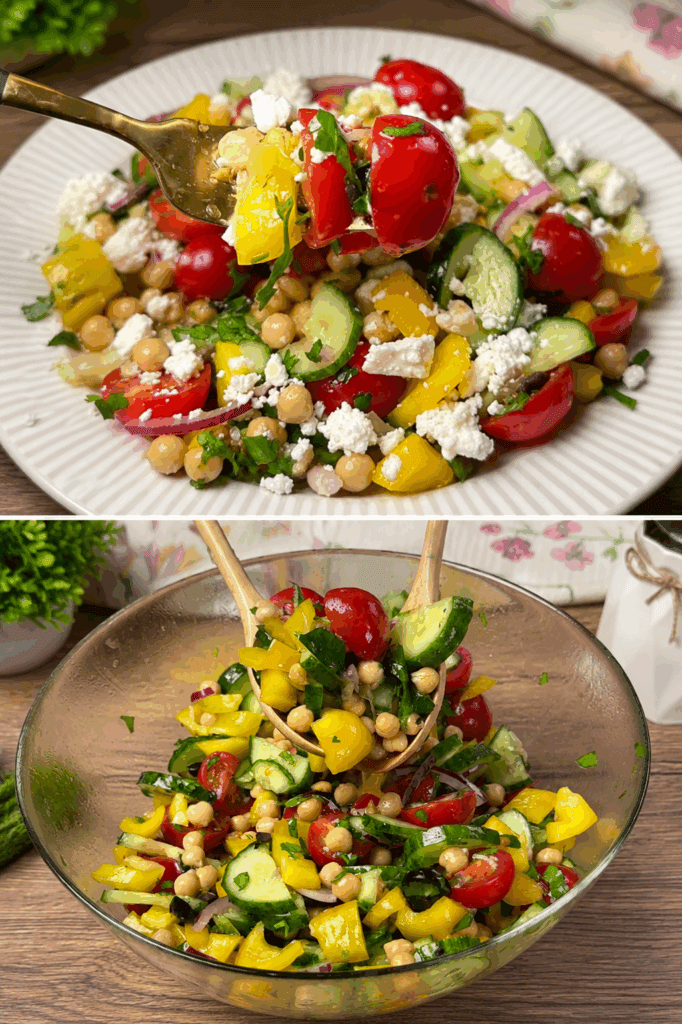 Ho mangiato per qualche giorno di fila questa insalata di ceci alla mediterranea la sera, mi sento molto più energica e sgonfia con solo 330 Kcal!