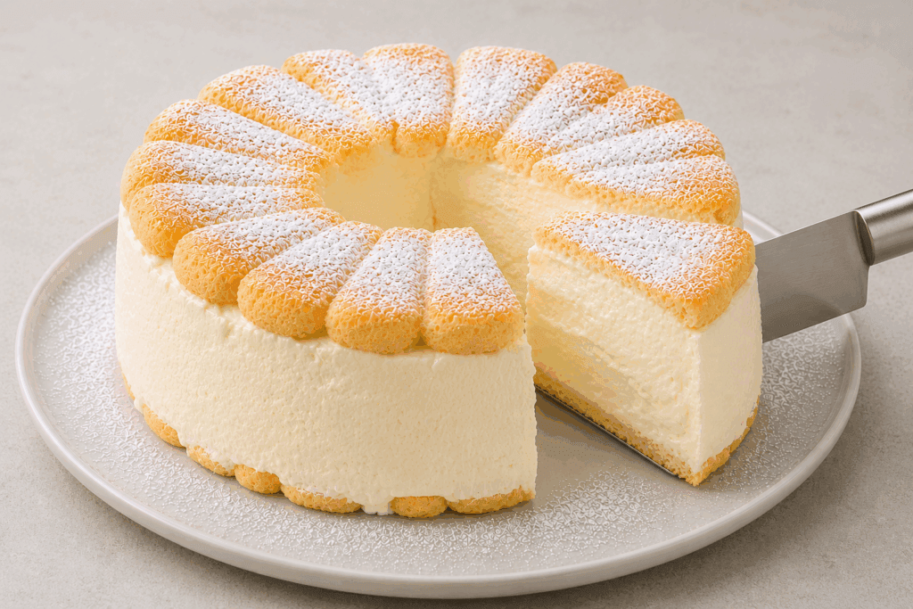 Ho rifatto la ciambella fredda con savoiardi in versione più leggera perché mi sono messa a dieta, senza mascarpone e senza panna è pure più buona!