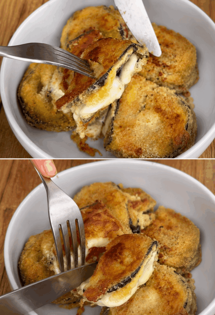 Non potevo cucinare una cena migliore, cotolette di melanzane farcite che sembrano fritte in tanto olio, ma invece basta un filo in padella per averli croccanti fuori, filanti dentro!